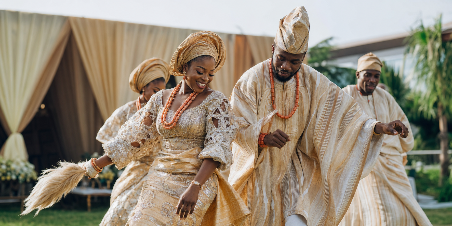 Yoruba cultural dancers celebrating in traditional attire